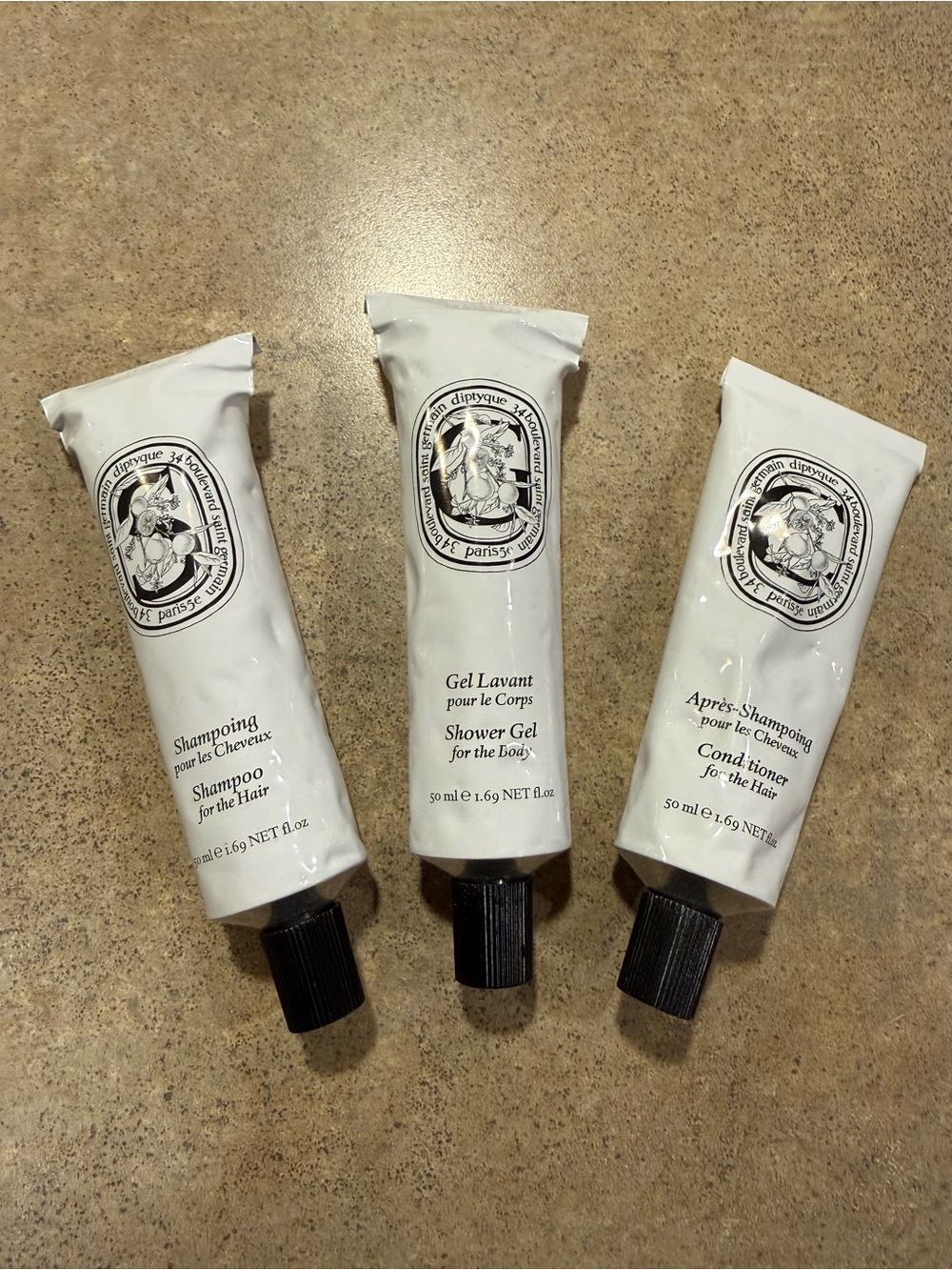 New Diptyque 50 ml Travel Set of 3 Tubes Lotion Shampoo Conditioner Shower Gel